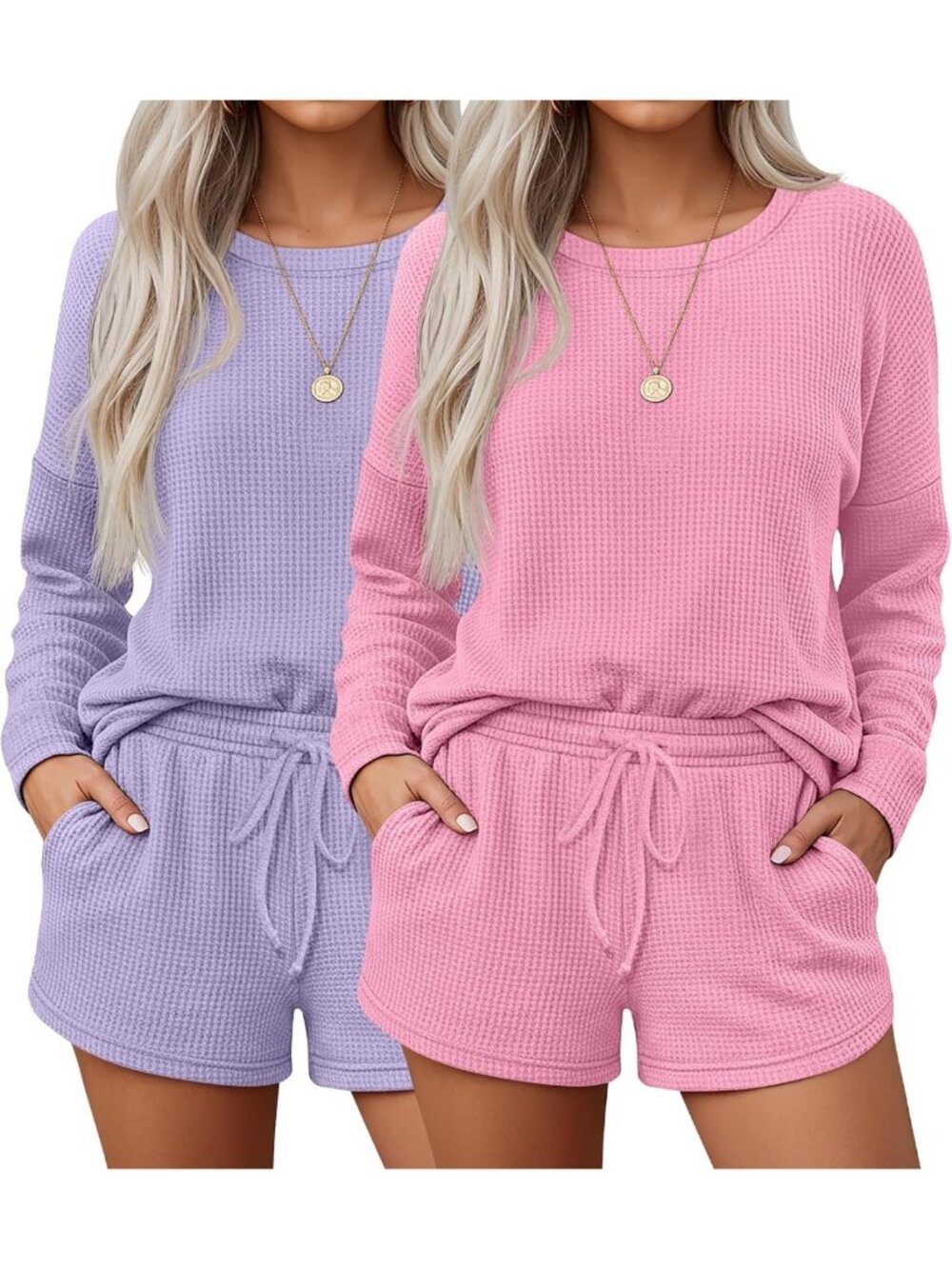 Cozy 2-Pack Women's Waffle Knit Pajama Sets - Stylish Top & Shorts Matching